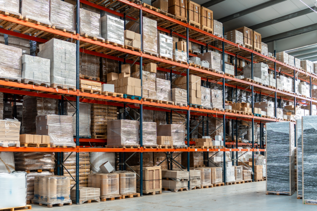 photo of a warehouse with boxes stacked