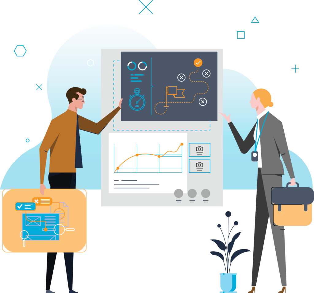 vector of office workers reviewing graphs and reports