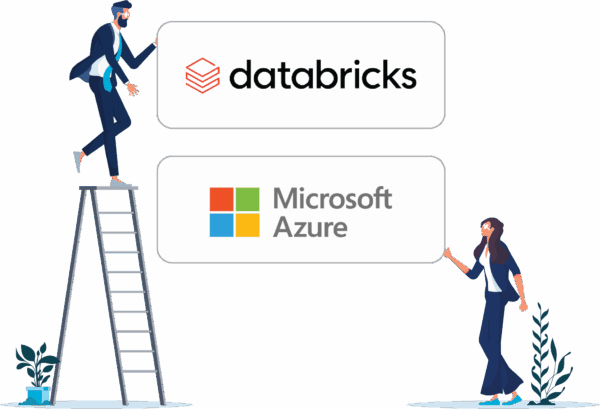 vector of two office workers holding up databricks and azure logo tiles