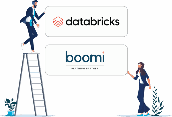 vector of two office workers holding up logos databricks and boomi