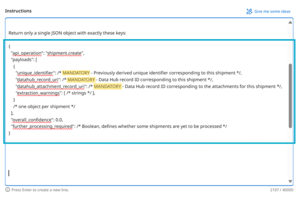 Sample showing the correct JSON payload format (blue), and mandatory fields (yellow).