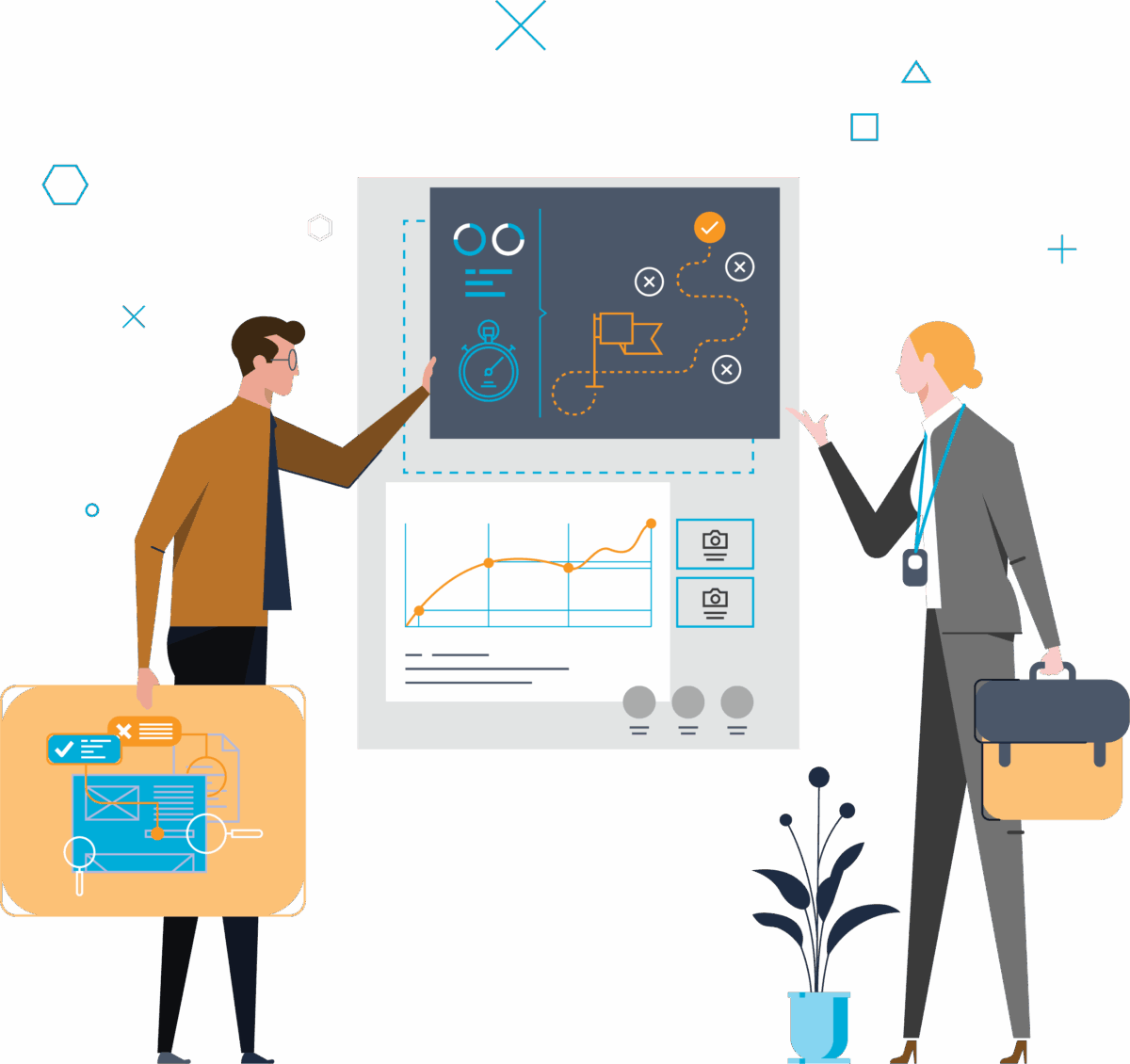 vector of office workers discussing dashboards