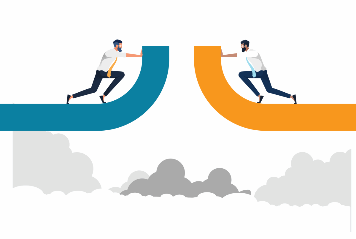 vector of office workers pushing bridge together